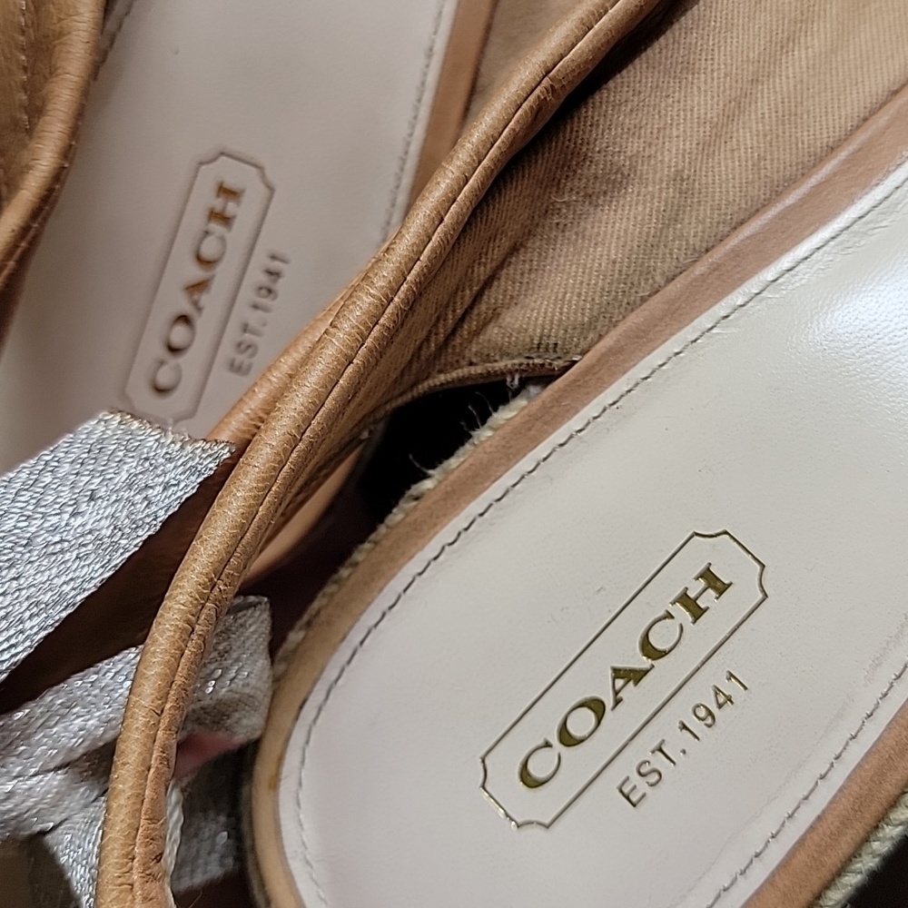 Coach Tan Leather Espadrille Wedge Sandals with Silver Ribbon - Picture 9 of 16